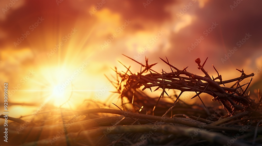 Fototapeta premium A crown of thorns lying on the ground with a blurry sunset in the background.