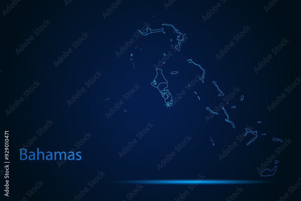 Abstract High Detailed Glow Blue Map on Dark Background of Map of Bahamas symbol for your web site design map logo, app, Travel. Vector illustration eps 10. Abstract High Detailed Glow Blue Map on Dark Background of Map of Bahamas symbol for your web site design map logo, app, Travel. Vector illustration eps 10.