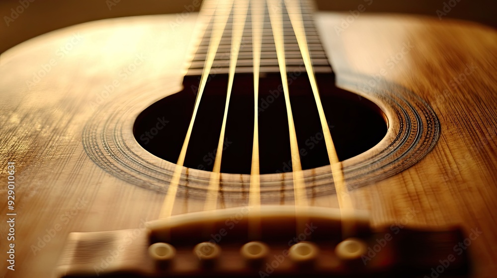 Fototapeta premium Detailed view of an acoustic guitar's body, with focus on the strings and wood grain, highlighting the beauty of the instrument