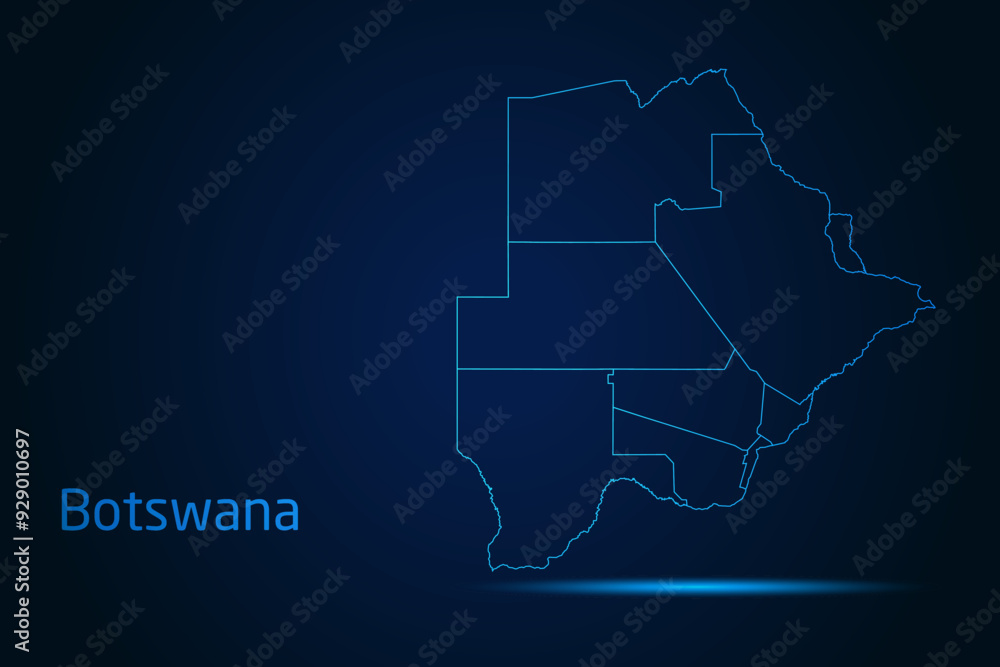 Abstract High Detailed Glow Blue Map on Dark Background of Map of Botswana symbol for your web site design map logo, app, Travel. Vector illustration eps 10. Abstract High Detailed Glow Blue Map on Dark Background of Map of Botswana symbol for your web site design map logo, app, Travel. Vector illustration eps 10.
