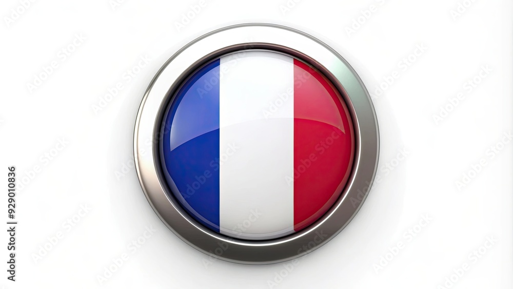 Round button with French flag design, France, French, flag, round, button, patriotic, symbol, national, isolated, red, white
