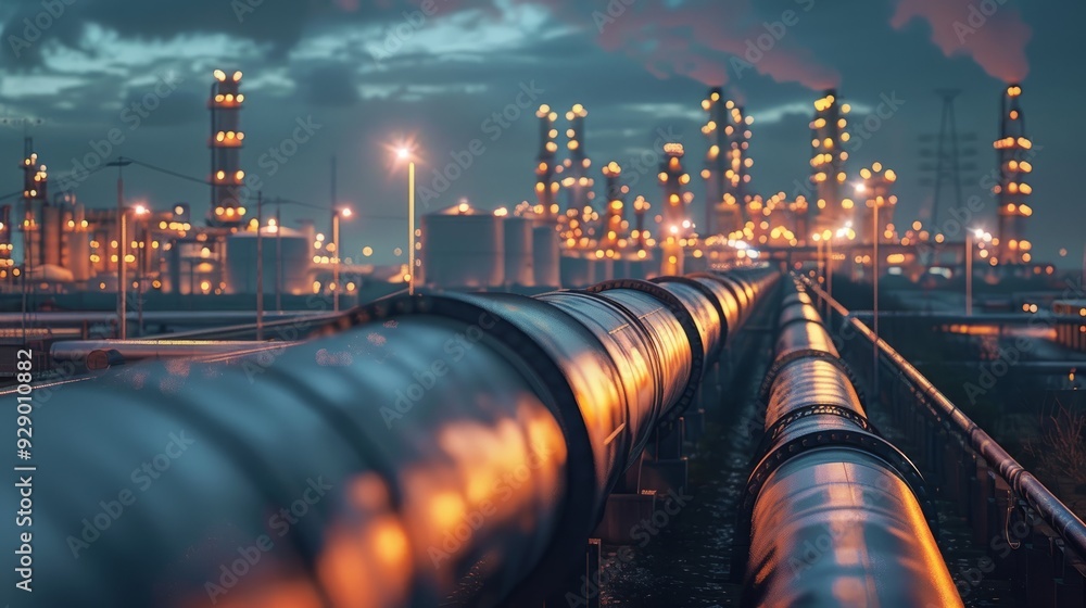 Industrial pipelines leading to a refinery at dusk with glowing lights and smoke Industrial pipelines leading to a refinery at dusk with glowing lights and smoke