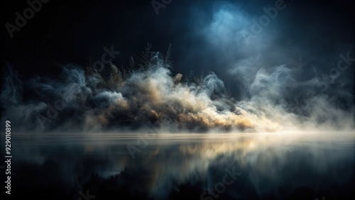 Minimalist abstract composition featuring a mysterious dark black background with subtle gradient effects and soft, delicate wisps of fog or mist for a dramatic atmosphere. photo