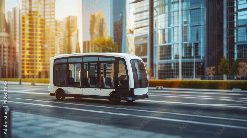 Fototapeta premium An advanced autonomous bus travels smoothly through a stylish city avenue lined with gleaming glass buildings during a radiant sunrise.