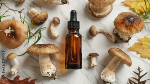 Medicinal mushrooms and tincture on a marble surface with autumn leaves and herbs photo