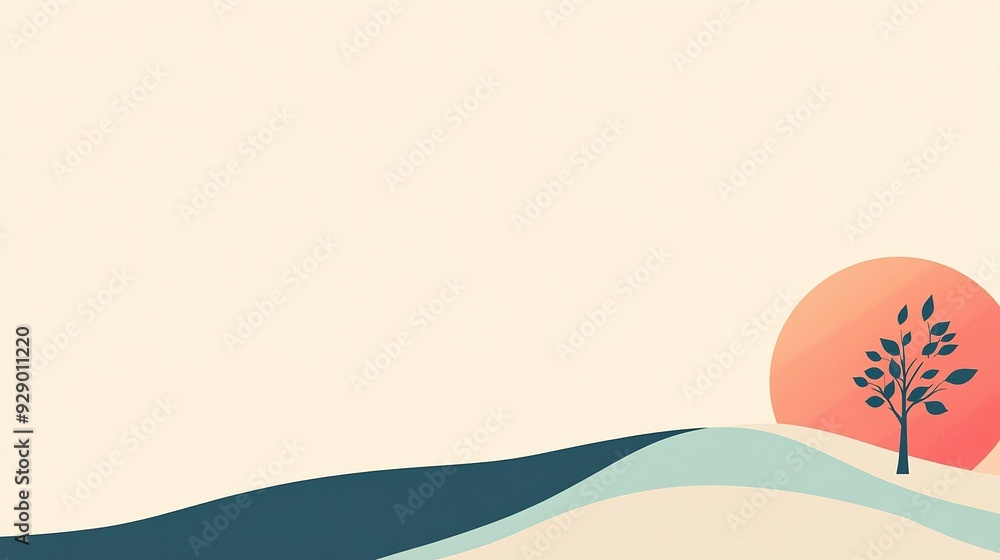 Obraz premium Minimalist Sunset Landscape: A serene, minimalist illustration depicting a solitary tree standing against a vibrant sunset over a gentle landscape. The image evokes a sense of tranquility and peace.