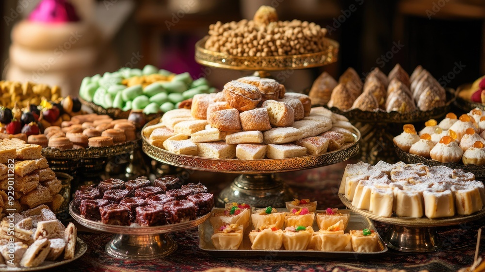 Eid sweets displayed on a decorated table, featuring a rich assortment of traditional treats, with ornate festive decor. Eid sweets displayed on a decorated table, featuring a rich assortment of traditional treats, with ornate festive decor.