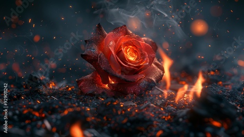A fiery rose blooms amidst glowing embers in a dark setting