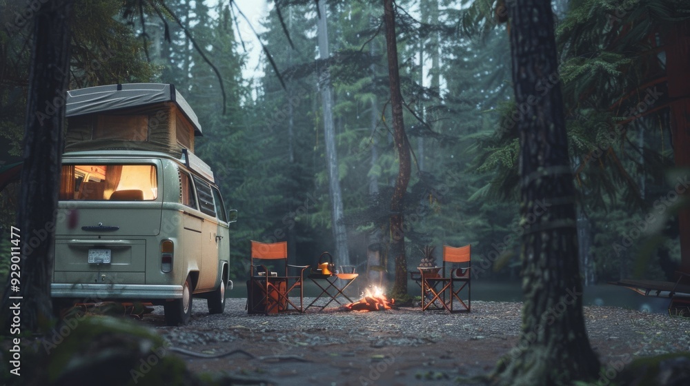 A serene camping scene in a lush forest featuring a retro van, cozy campfire, and chairs, under the cool shade of towering pine trees, creating a perfect nature retreat. A serene camping scene in a lush forest featuring a retro van, cozy campfire, and chairs, under the cool shade of towering pine trees, creating a perfect nature retreat.