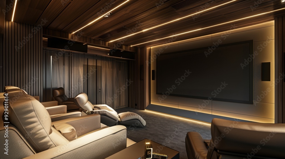 Fototapeta premium A luxurious home theater with plush reclining seats and ambient lighting, creating the perfect environment for a premium cinematic experience.