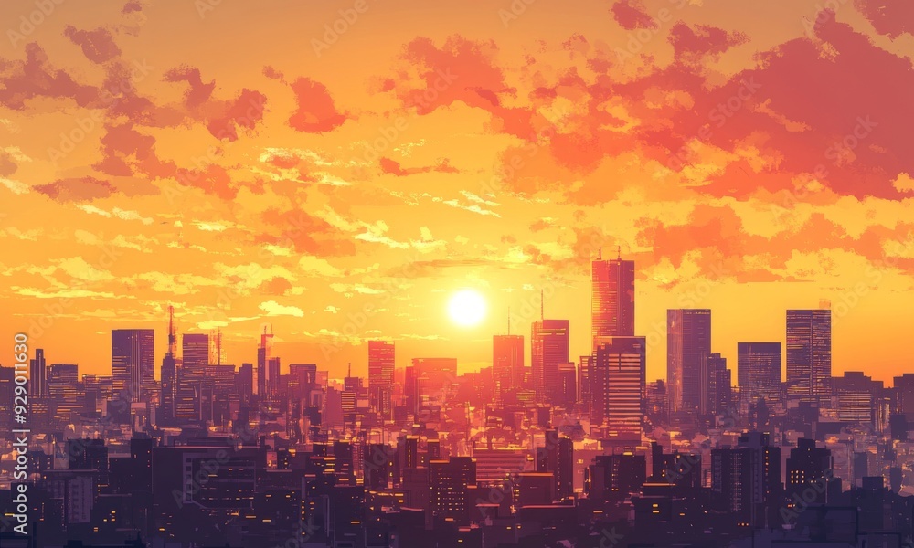 Fototapeta premium Enchanted anime-style City Skyline at Golden Hour: A Creative Marketing Concept Illustrating the Commuter's Journey,Anime-Style,illustration,Picture BooksFor Poster,Novel,UI,WEB,Game,Design,Abstract