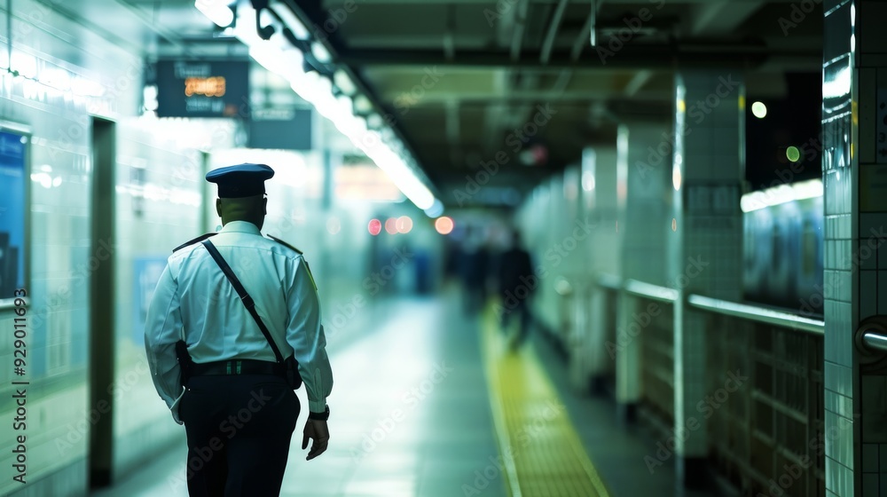 Officer patrolling a dimly lit subway platform, projecting a sense of duty and vigilance as they ensure the safety and security of passengers.