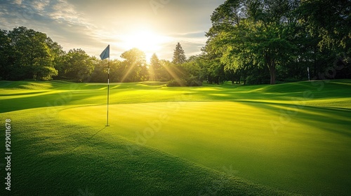 Golf flag billowing in the breeze, surrounded by lush green fairways, with sun rays casting a warm glow on a serene course.