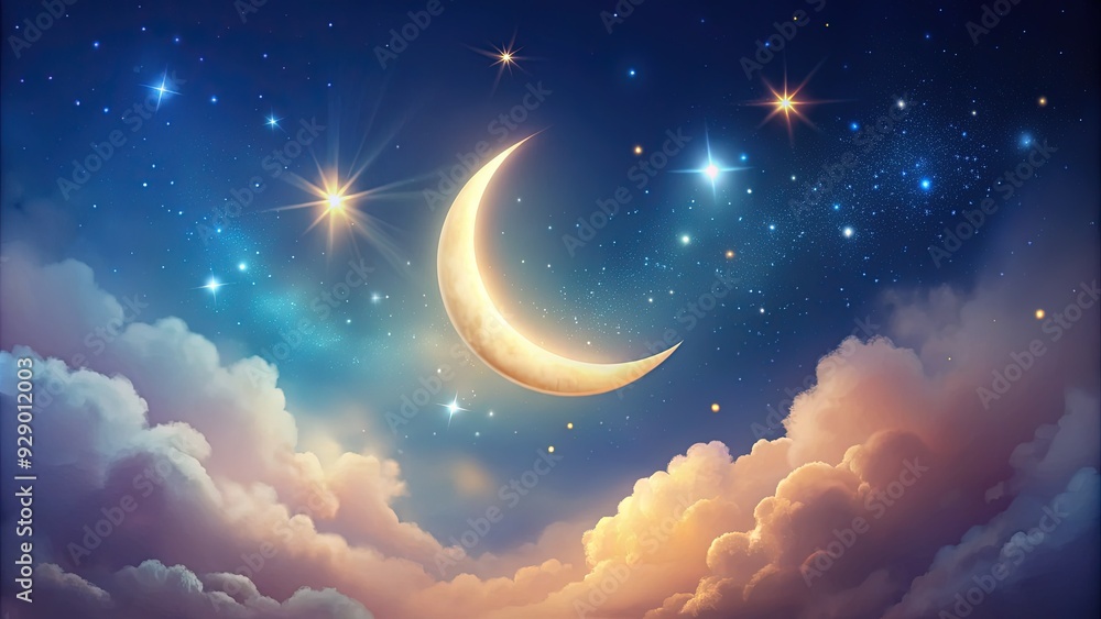 Minimalist illustration of a delicate crescent moon in soft, glowing hues, surrounded by subtle stars and gentle, whispy clouds in a serene nighttime sky. Minimalist illustration of a delicate crescent moon in soft, glowing hues, surrounded by subtle stars and gentle, whispy clouds in a serene nighttime sky.