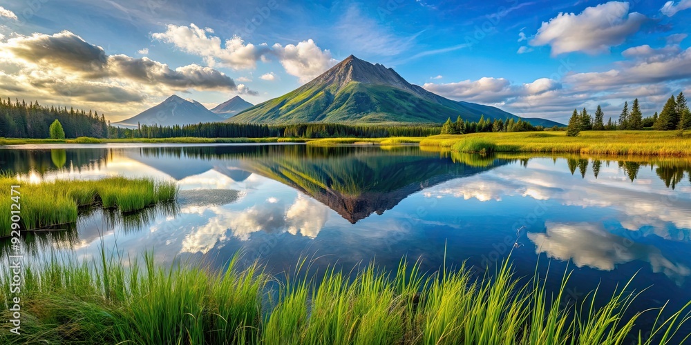 Fototapeta premium Lake surrounded by grass with a reflection of a mountain peak in the water, nature, landscape, reflection, mountains, beauty