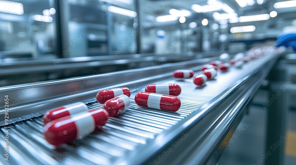 Packaged medications being transported on conveyor belts, with the background of a clean and sterile pharmaceutical environment. Packaged medications being transported on conveyor belts, with the background of a clean and sterile pharmaceutical environment.