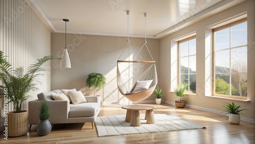 Wallpaper Mural Minimalist living room with sleek furniture, featuring a hammock chair suspended from the ceiling, surrounded by cream-colored walls and large windows. Torontodigital.ca