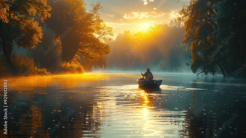 silhouette of a fisherman in a boat with a fishing rod on a quiet lake. silhouette of a fisherman in a boat with a fishing rod on a quiet lake.