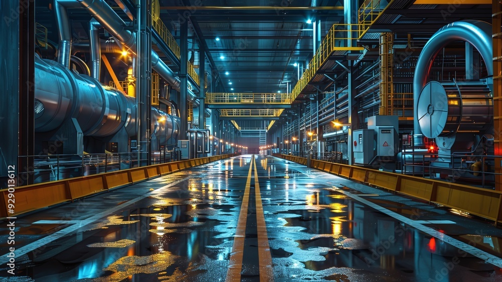 Fototapeta premium Nighttime View of a Well-Lit Chiller Plant with Operational Status Indicators - Energy and Industrial Scene