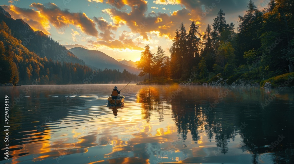 silhouette of a fisherman in a boat with a fishing rod on a quiet lake. silhouette of a fisherman in a boat with a fishing rod on a quiet lake.