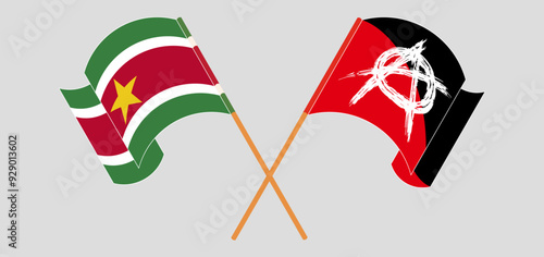 Crossed and waving flags of Suriname and Anarchy