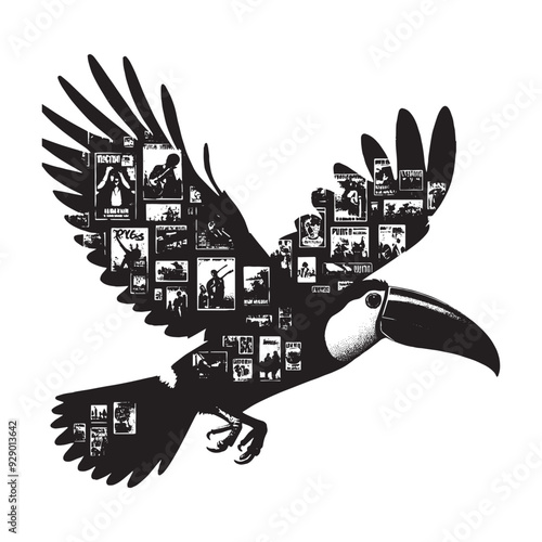 silhouette of Toucan filled with vintage punk's poster collage wall in rough drawing