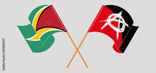 Crossed and waving flags of Guyana and Anarchy