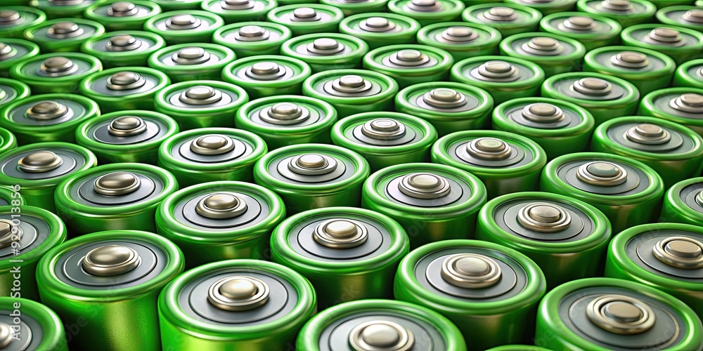 Closely packed cylindrical green batteries in a grid formation, energy, power, technology, lithium, rechargeable Closely packed cylindrical green batteries in a grid formation, energy, power, technology, lithium, rechargeable