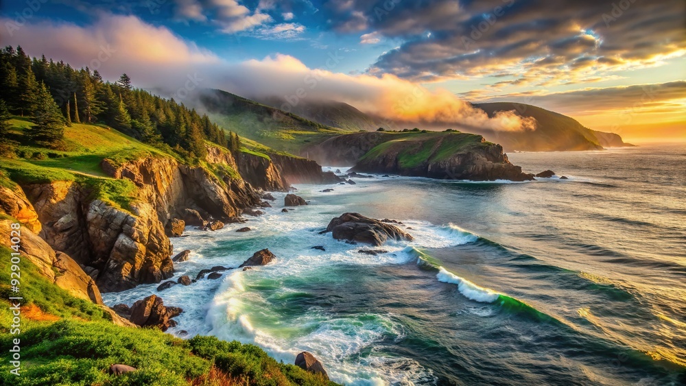 Obraz premium Misty dawn breaks over rugged coastline of Newfoundland, Canada, with rocky shores, lush green hills, and waves crashing against the shore in serene atmosphere.