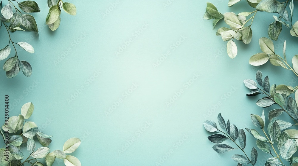 custom made wallpaper toronto digitalSerene Green Leaves Frame on Pastel Blue Background 