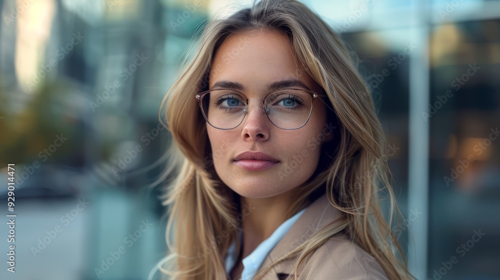Young woman with glasses standing outdoors in a city environment during the day Young woman with glasses standing outdoors in a city environment during the day