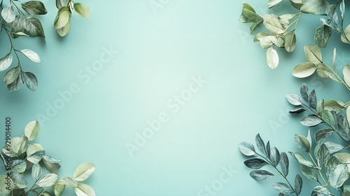Wallpaper Mural Serene Green Leaves Frame on Pastel Blue Background  Torontodigital.ca