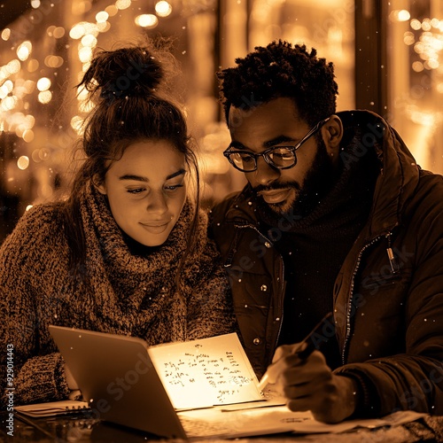A hopeful young couple collaborates on future plans at a cozy café surrounded by warm sepi