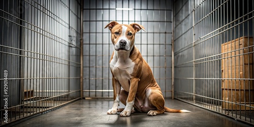 Lonely pitbull terrier sitting sadly in an abandoned cage , abandoned, sad, neglected, pitbull, terrier, lonely, cage photo