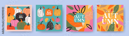 Set of trendy art style abstract autumn greeting card, poster, cover, with bright beautiful leaves and  pumpkins. Fall print, web banner, flyer design. Template for ads, social media and season decor