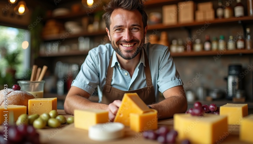 Delicatessen owner with a warm smile showcases cheese, olives, and deli products. Natural light and depth of field create a symmetrical, advertising-quality image with space for text.
Delicatessen owner with a warm smile showcases cheese, olives, and deli products. Natural light and depth of field create a symmetrical, advertising-quality image with space for text.