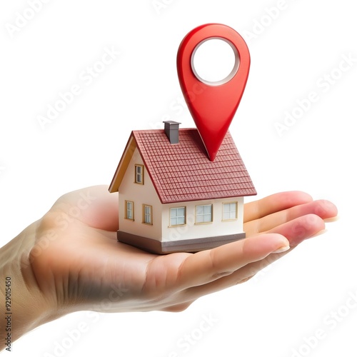 Hand holding a model house and location pin photo