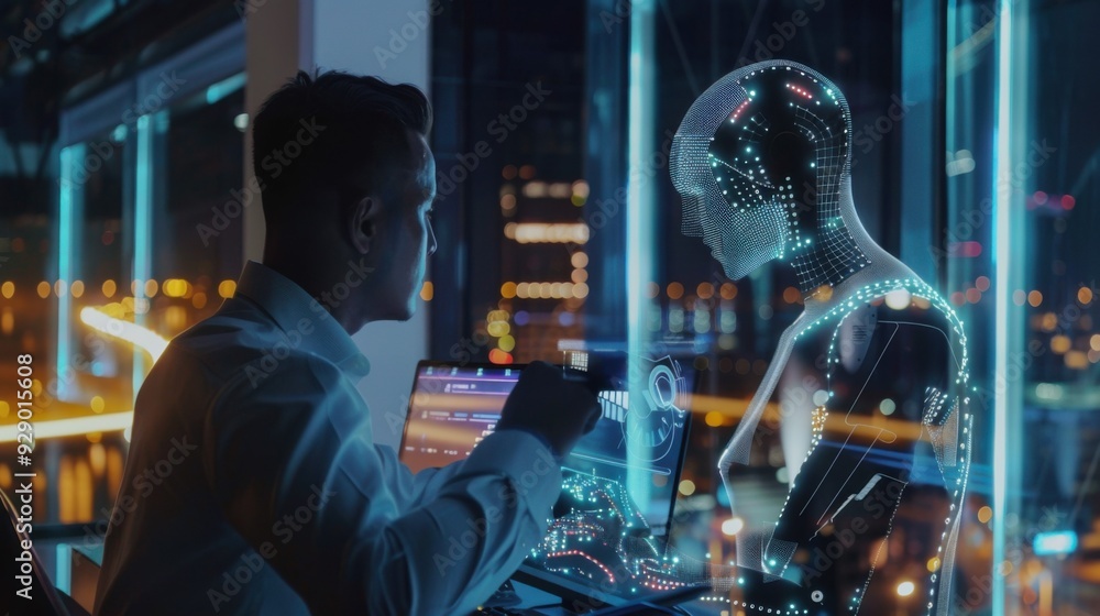 businessman using smart robot technology for business, artificial intelligence. businessman using smart robot technology for business, artificial intelligence.