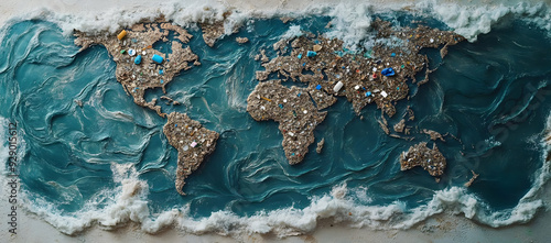 Fototapeta Naklejka Na Ścianę i Meble -  A creative representation of the world map crafted from litter and debris, highlighting environmental issues and ocean pollution.