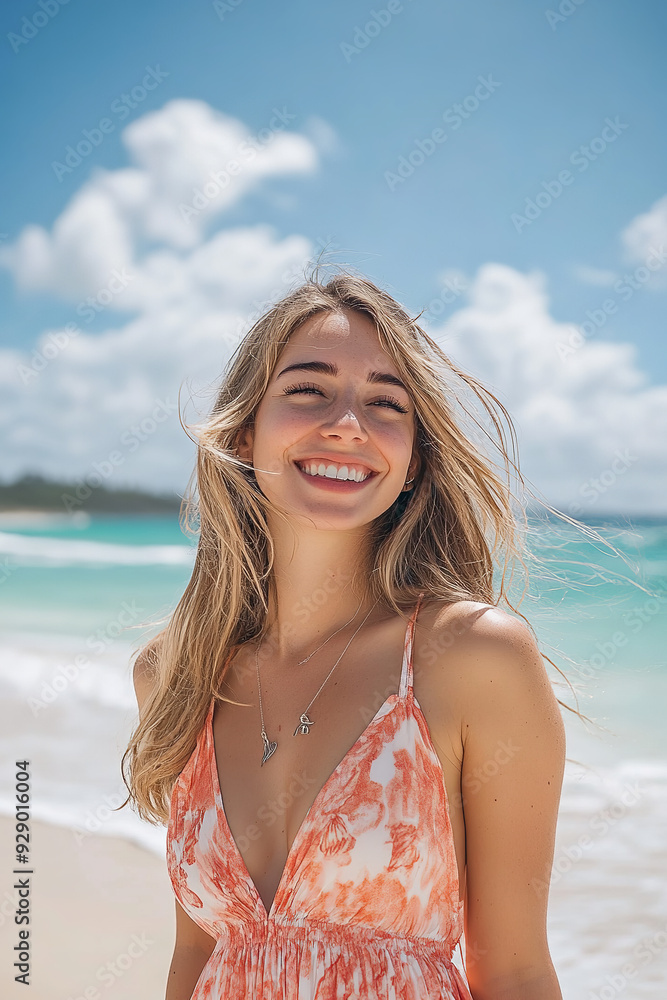A cheerful woman enjoying her summer vacation, dressed in a bright, flowy sundress A cheerful woman enjoying her summer vacation, dressed in a bright, flowy sundress