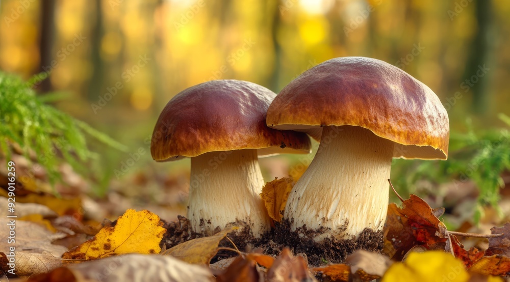 In a vibrant autumn forest setting, two lovely mushrooms stand elegantly, embraced by colorful fallen leaves In a vibrant autumn forest setting, two lovely mushrooms stand elegantly, embraced by colorful fallen leaves