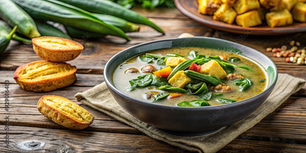 Sun-Kissed Callaloo Soup with Okra & Crispy Plantains on a rustic wooden table , Caribbean, soup, callaloo, okra Sun-Kissed Callaloo Soup with Okra & Crispy Plantains on a rustic wooden table , Caribbean, soup, callaloo, okra