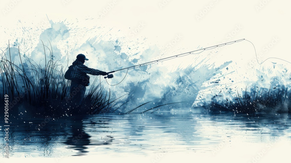Fototapeta premium a fisherman holds a fishing rod and fishing line on the lake.