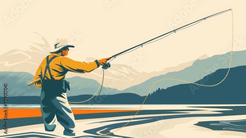 a fisherman holds a fishing rod and fishing line on the lake.
