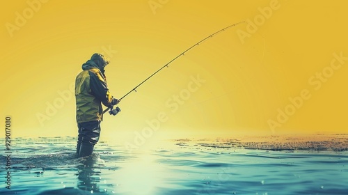 a fisherman holds a fishing rod and fishing line on the lake.