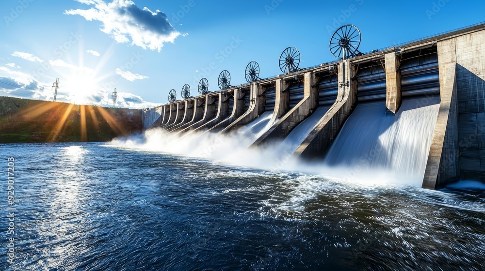 A hydroelectric dam with turbines, generating power while maintaining the natural flow of a river A hydroelectric dam with turbines, generating power while maintaining the natural flow of a river
