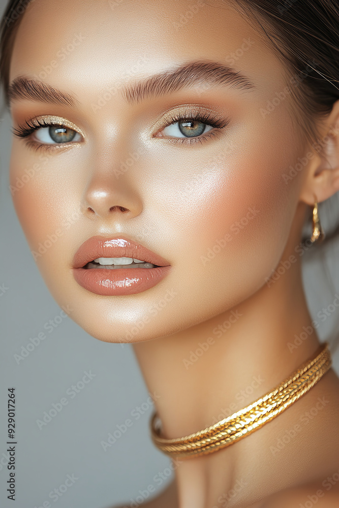 A cropped view highlights a young woman with radiant, shiny makeup and elegant golden necklaces, looking directly at the camera A cropped view highlights a young woman with radiant, shiny makeup and elegant golden necklaces, looking directly at the camera