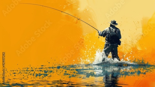 a fisherman holds a fishing rod and fishing line on the lake.