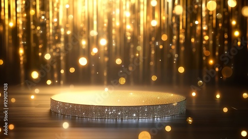 Round podium with sparkling gold and silver lights, placed on a background of mesmerizing golden light effects