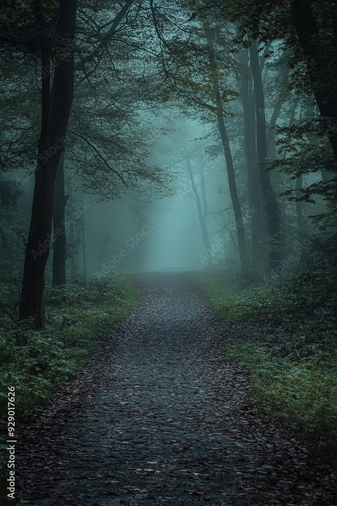 Fototapeta premium A dark and moody forest pathway is shrouded in an eerie mist, creating an atmosphere of mystery and intrigue
